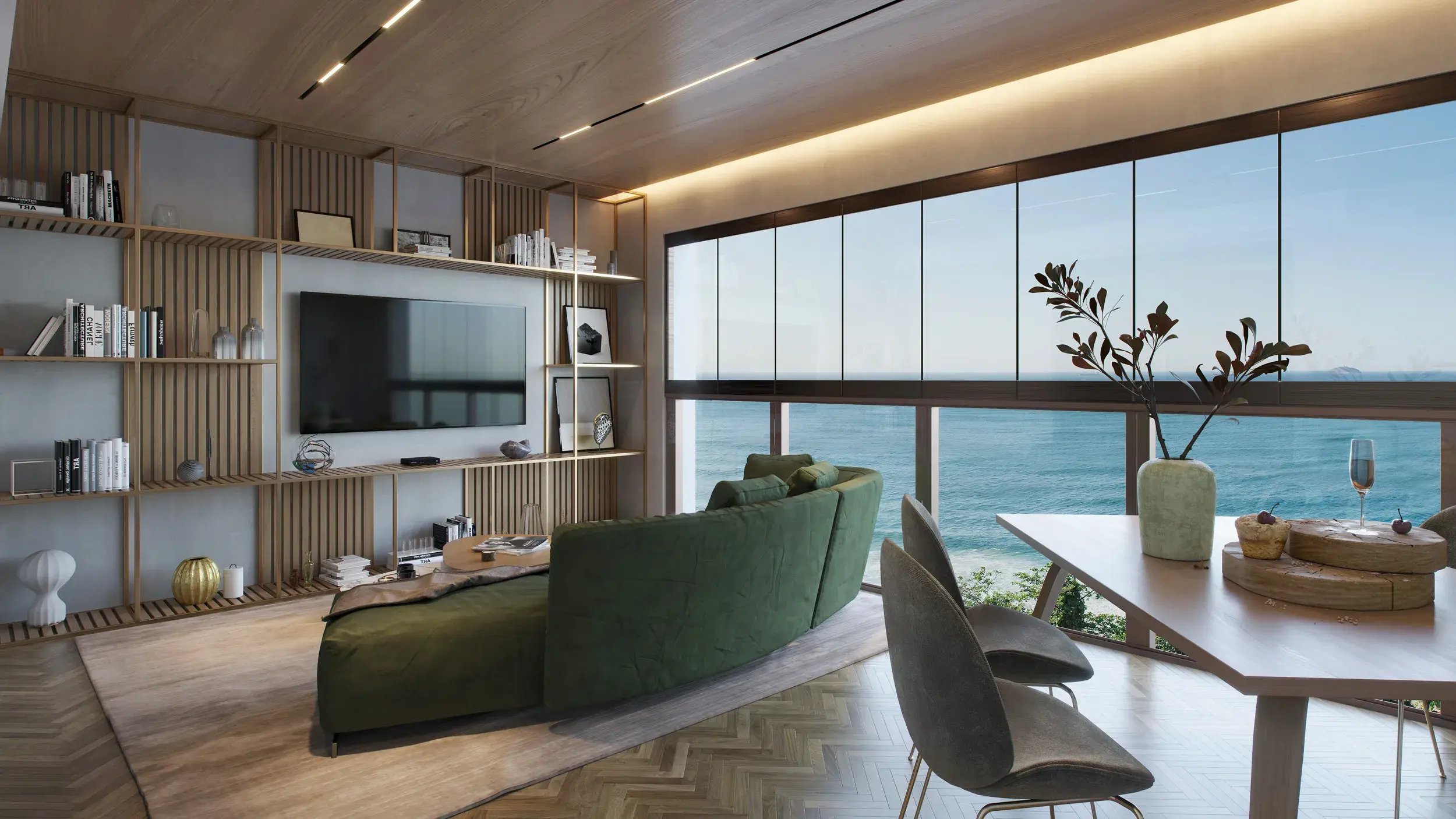 Sala do empreendimento On The Sea Cyrela, com uma janela de teto a chão com vista para o mar.