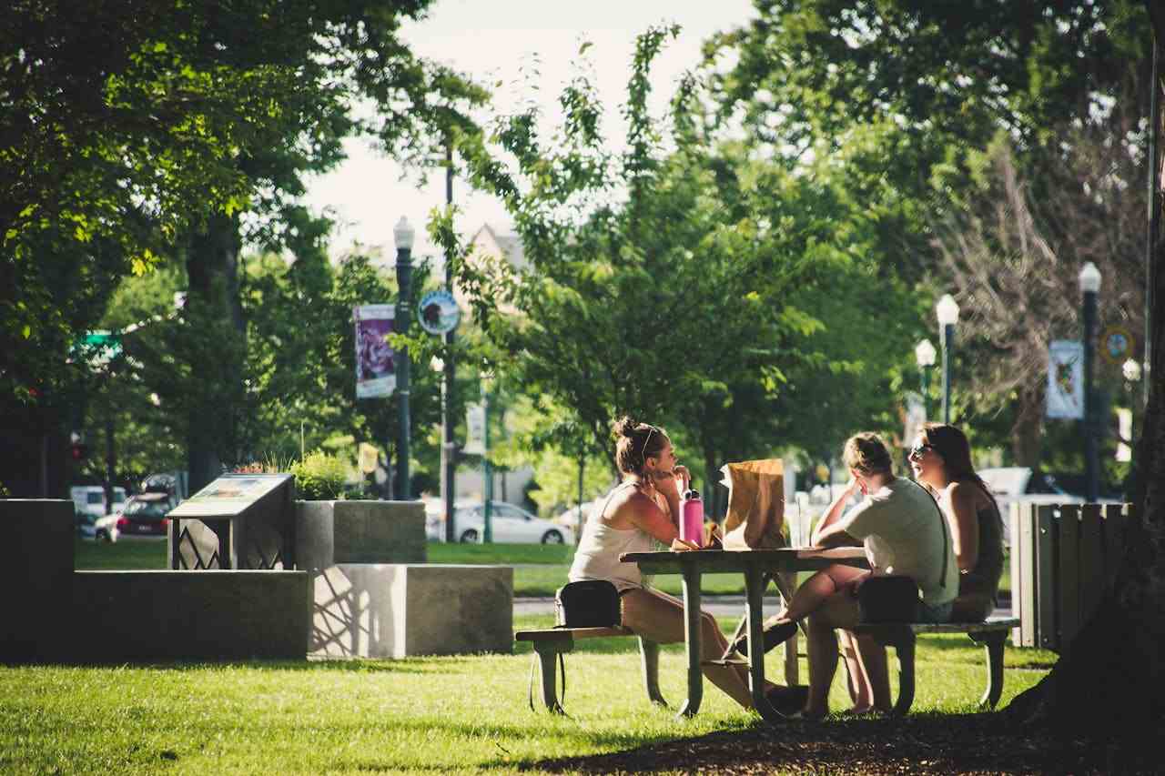 Imagem de três pessoas sentadas em uma mesa no parque com árvores em volta.