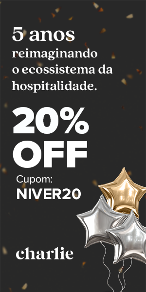 Imagem com o texto: "5 anos reimaginando o ecossistema da hospitalidade" e ofertando um cupom NIVER20 de 20% off na reserva através do link no site do Charlie. Na parte de baixo do lado direito da imagem, balões de festa em formato de estrela e ao centro-esquerdo o logo do Charlie.